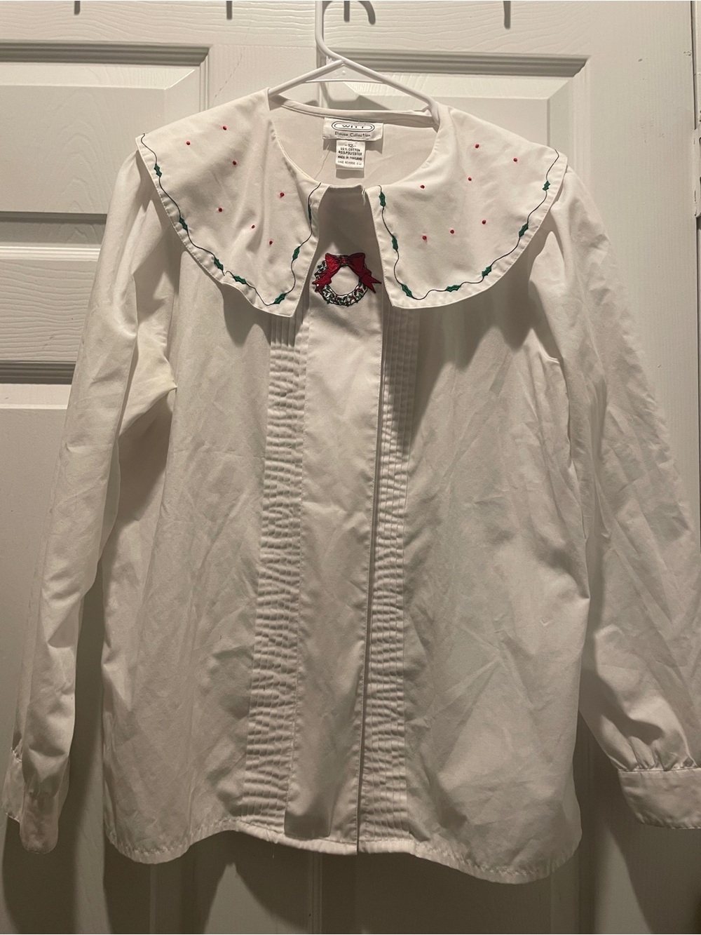 White Button-Front Blouse with Embroidered Collar